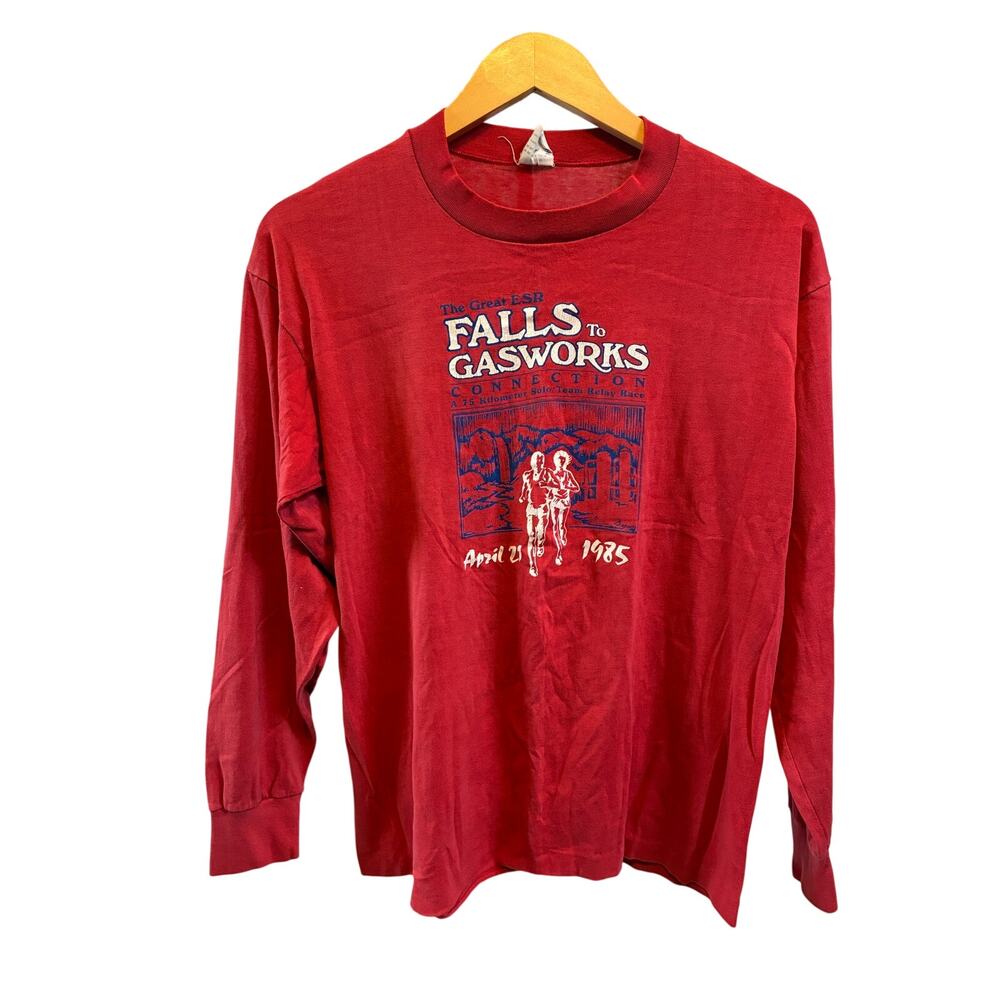 Vintage Running T-Shirt Long Sleeve Graphic 1985 Falls to Gasworks Red Men's Lg
